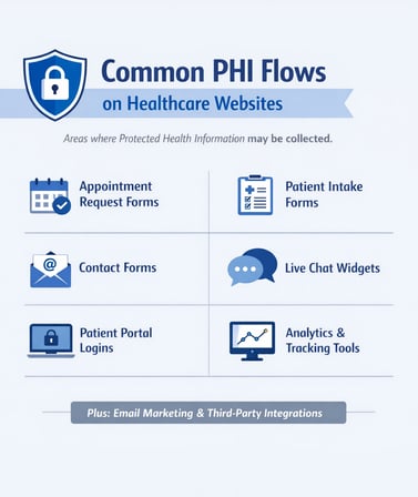 Infographic showing common PHI flows on healthcare websites, including appointment request forms, intake forms, contact forms, patient portal logins, and analytics tracking tools.