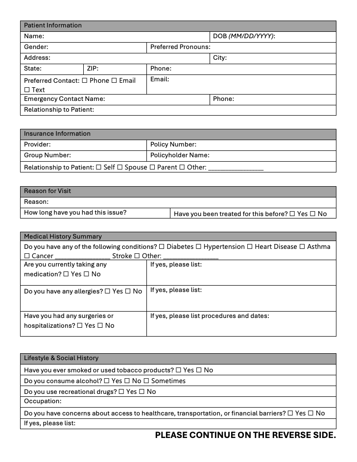 Fillable patient intake PDF template with structured sections for Patient Information, Insurance Information, Reason for Visit, and Medical History Summary, each presented in gray header bars with form fields and checkboxes.