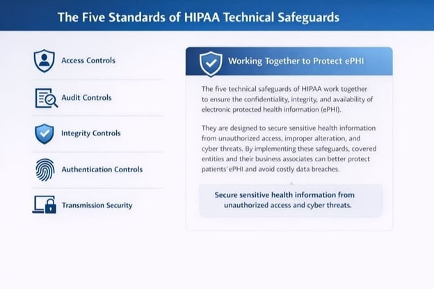 Infographic summarizing the five HIPAA technical safeguards—access controls, audit controls, integrity controls, authentication controls, and transmission security—showing how they work together to protect electronic protected health information (ePHI).