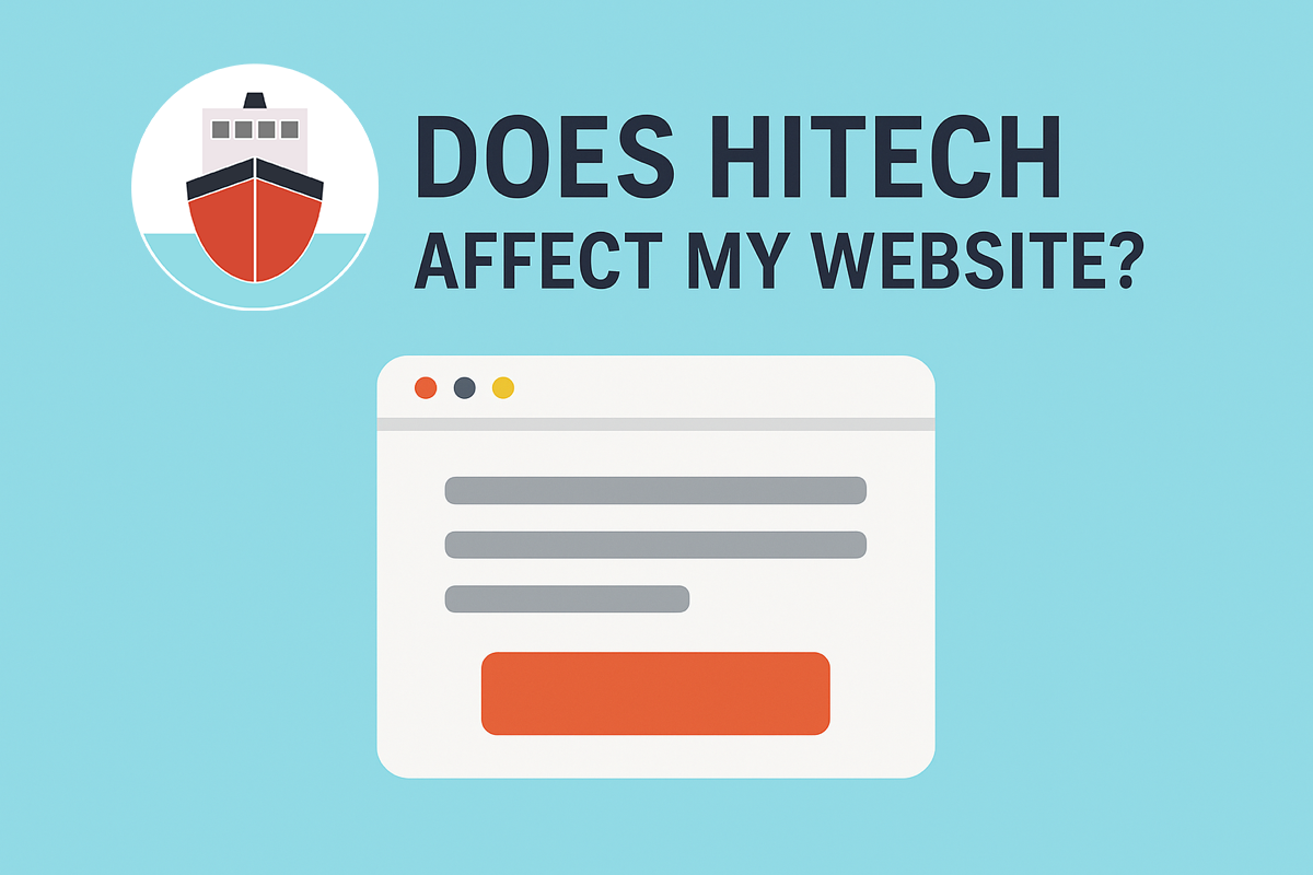 This is an image with a light blue background and text on the image that says "Does HITECH affect my website"? The Form Vessel logo is at the top left and an illustrated depiction of a generic website is front and center.