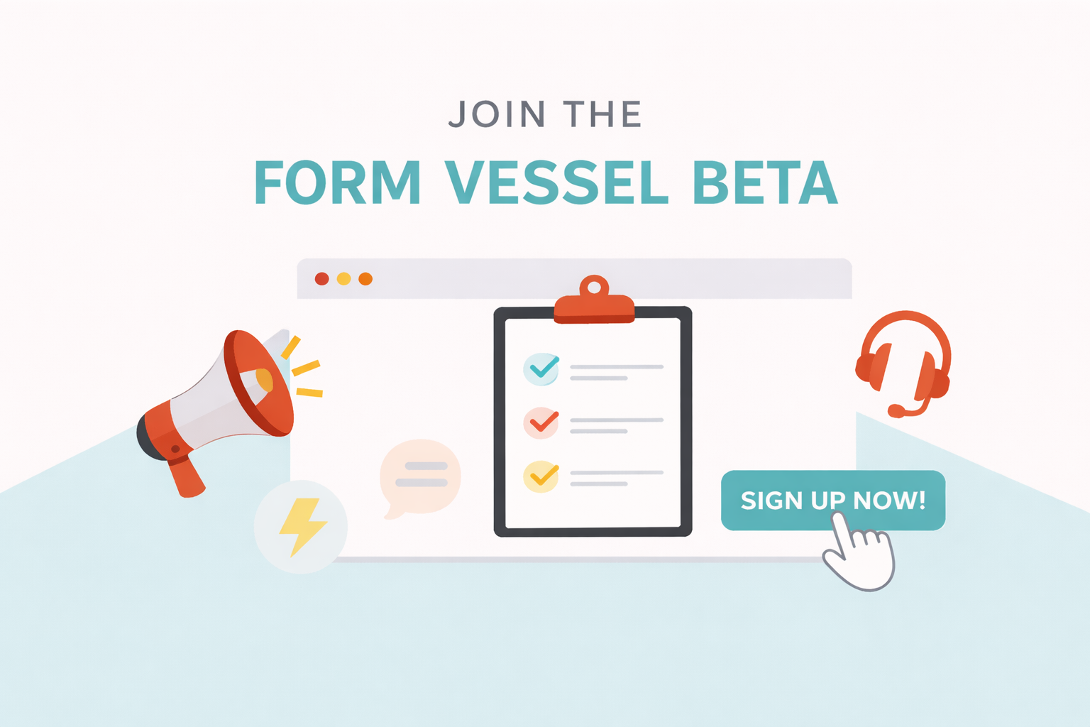 Featured image for the Join the Form Vessel Beta blog, showing a clean 2D illustration with the headline Join the Form Vessel Beta, a simple interface mockup, and a call to sign up for early access.