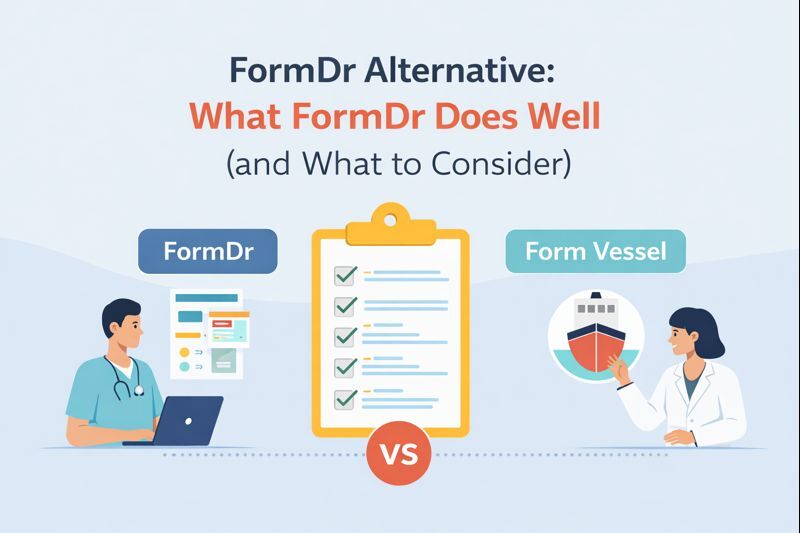 Featured illustration for a FormDr alternative guide comparing FormDr vs Form Vessel for HIPAA-ready digital intake forms.