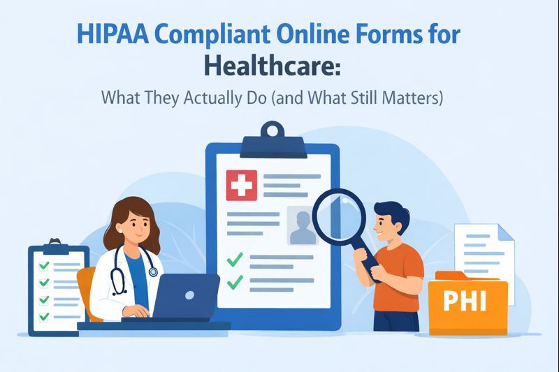 Flat illustration for a blog about HIPAA compliant online forms for healthcare, showing a doctor, a digital intake form, and a PHI folder representing patient data security.