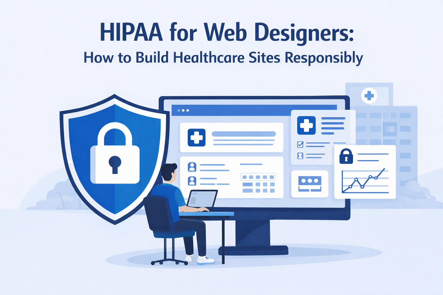 Illustration of a web designer building a healthcare website with a security shield and lock, representing HIPAA compliance and protected patient data on medical sites.