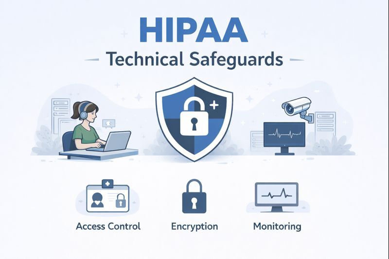 Illustration for a blog post titled “HIPAA Technical Safeguards,” featuring a central shield and lock icon with subtle security themed elements in a blue color palette.