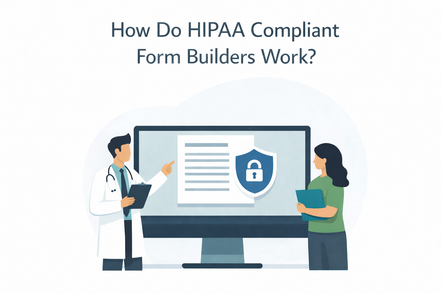 Featured image for “How Do HIPAA Compliant Form Builders Work?” showing a doctor and clinic staff member reviewing a secure digital intake form on a computer screen with a shield and lock icon, representing HIPAA compliant form builder software, PHI protection, encryption, access controls, and secure healthcare data collection.