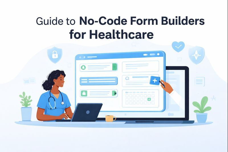 Illustration of a healthcare professional using a laptop with a digital form builder interface, representing no-code form creation for healthcare workflows.
