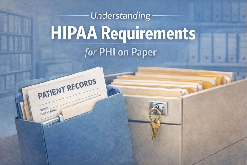 Image showing paper patient records in a filing drawer, representing HIPAA requirements for securing PHI stored on paper.
