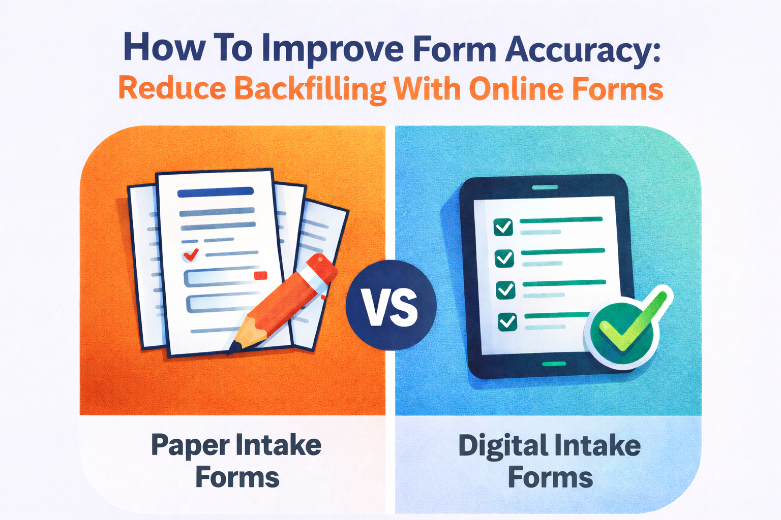 Featured image for blog post “How To Improve Form Accuracy: Reduce Backfilling With Online Forms,” showing paper intake forms versus digital intake forms with a side-by-side illustration of a paper form and pencil compared to a tablet with completed checkmarks.
